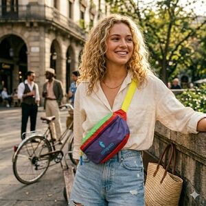 cotopaxi Violet and Red Multi-Color Crossbody Pack with Yellow Strap